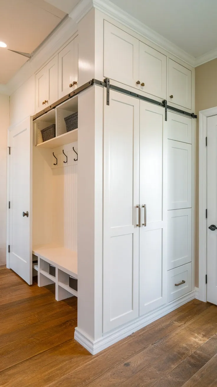A hallway closet renovation created a spacious mudroom and improved storage, featuring a walk-in area, cabinets, and wood flooring.
