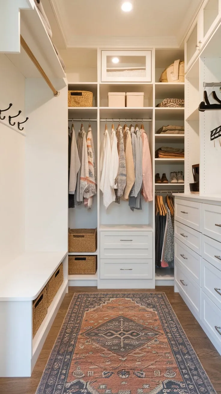 A bright and organized renovated hallway closet features a walk-in section with hanging rods, shelves, cabinets, a bench, and a patterned rug.