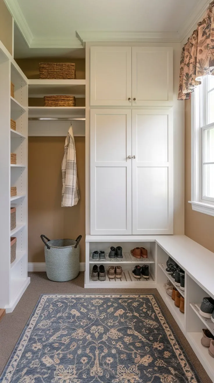 A beige-walled hallway closet makeover features a mudroom design including open and closed storage, a patterned rug, and a window, maximizing space and functionality.