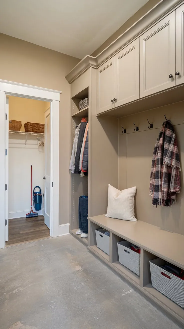 A small mudroom's functionality is maximized by a walk-in closet, built-in cabinets, and a hallway closet neatly storing coats, gear, and cleaning supplies.