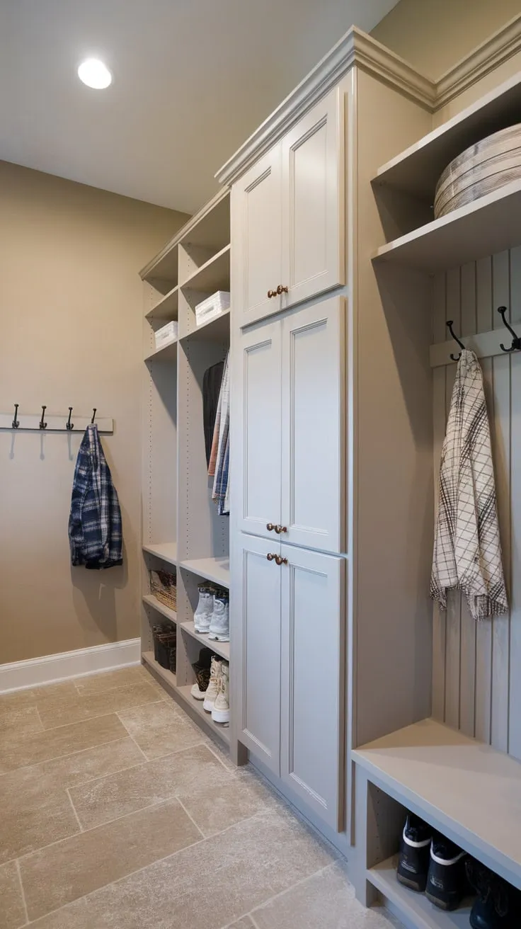 A renovated mudroom hallway closet boasts tiled floors, beige walls, open shelving, hanging rods, closed cabinets, and convenient coat hooks.