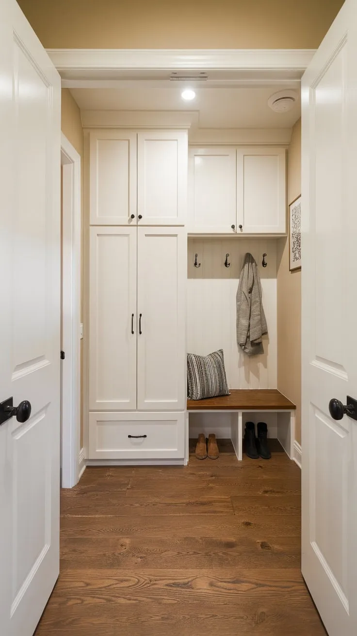 A hallway closet renovation created a charming mudroom with storage cabinets, a bench, hanging rod, wood floors, and double doors.