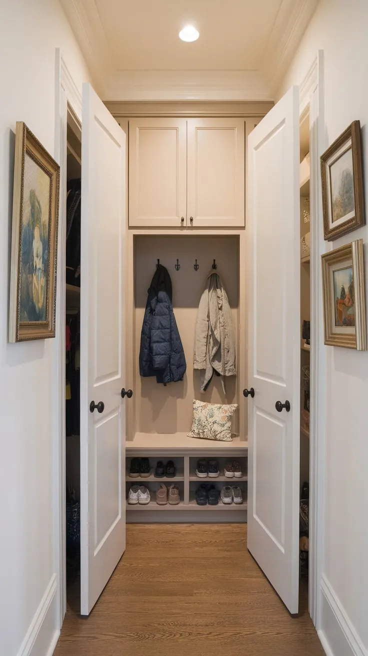 A renovated hallway closet boasts a charming mudroom addition with wood floors, built-in storage, and space for coats and shoes