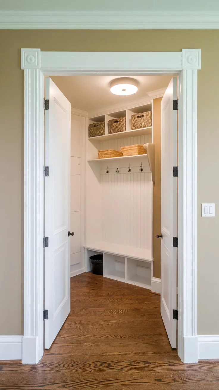 Transform your hallway with a renovated mudroom closet featuring hardwood floors, stylish storage, and a functional design.