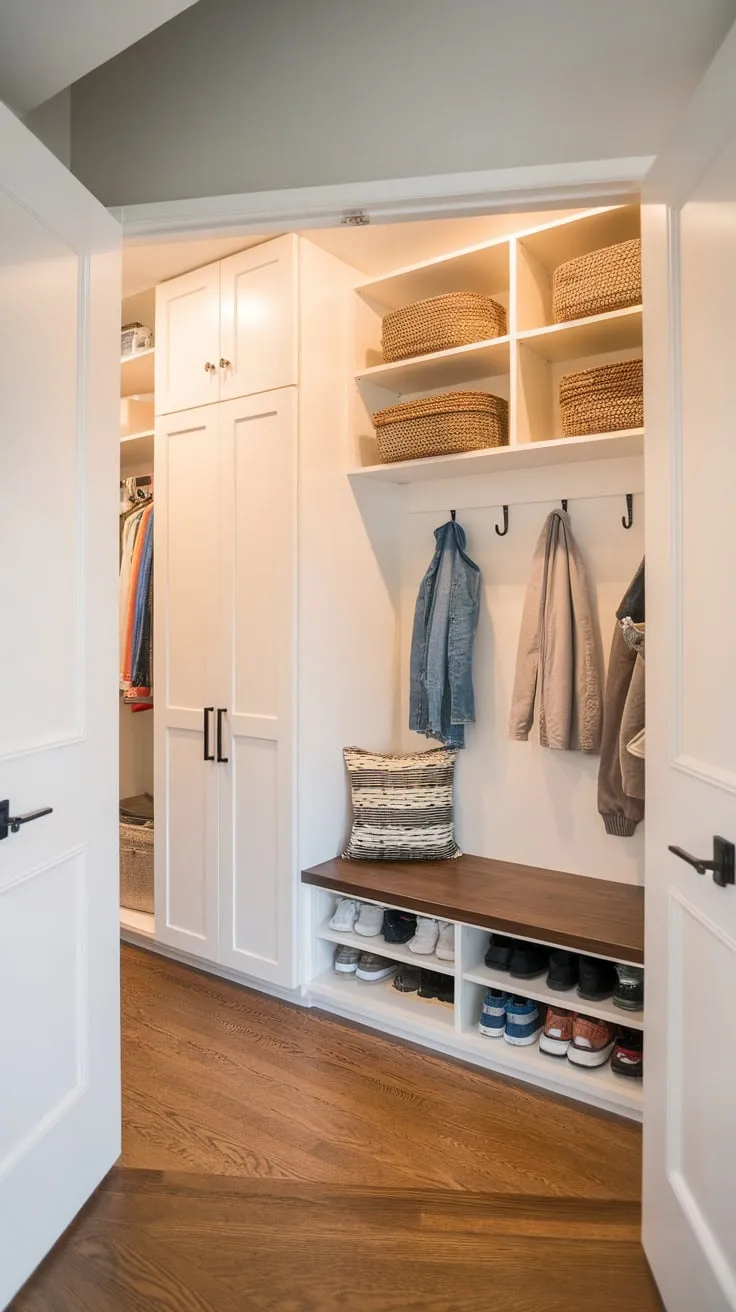A hallway closet renovation created a stylish mudroom with built-in storage, a bench, and wood flooring