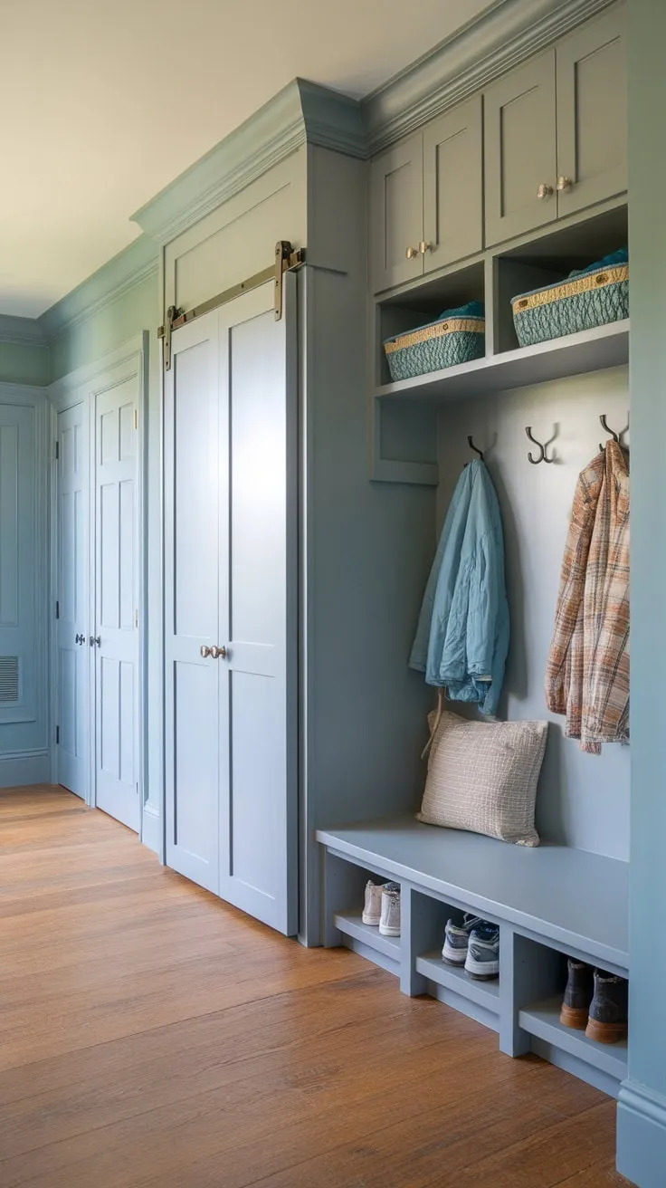 Transform your mudroom with a renovated hallway closet featuring sliding doors, built-in storage, and a charming light blue and wood aesthetic.