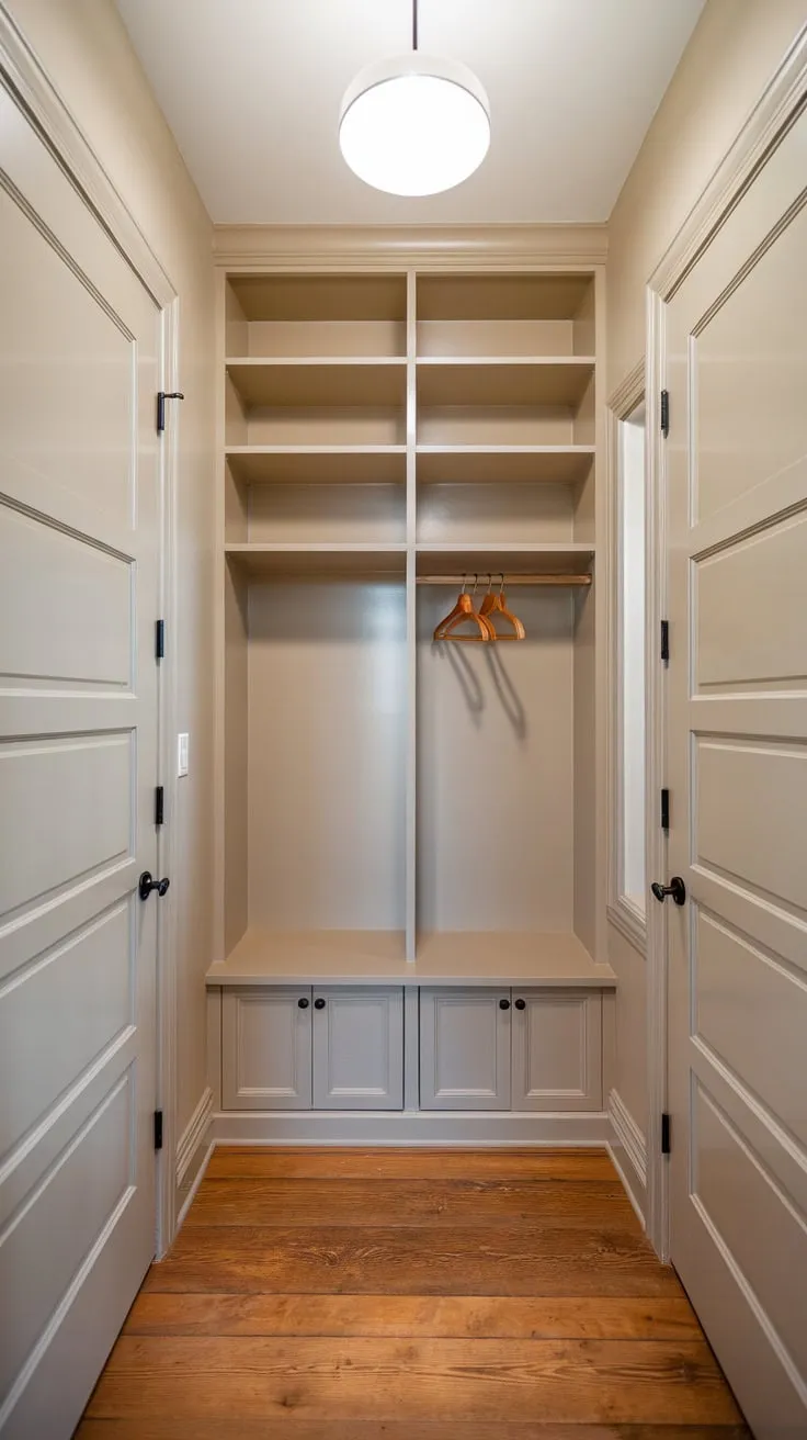 A transformed hall closet now offers a walk-in mudroom experience complete with shelves, hanging space, and a closed cabinet, showcasing a beautifully renovated area.