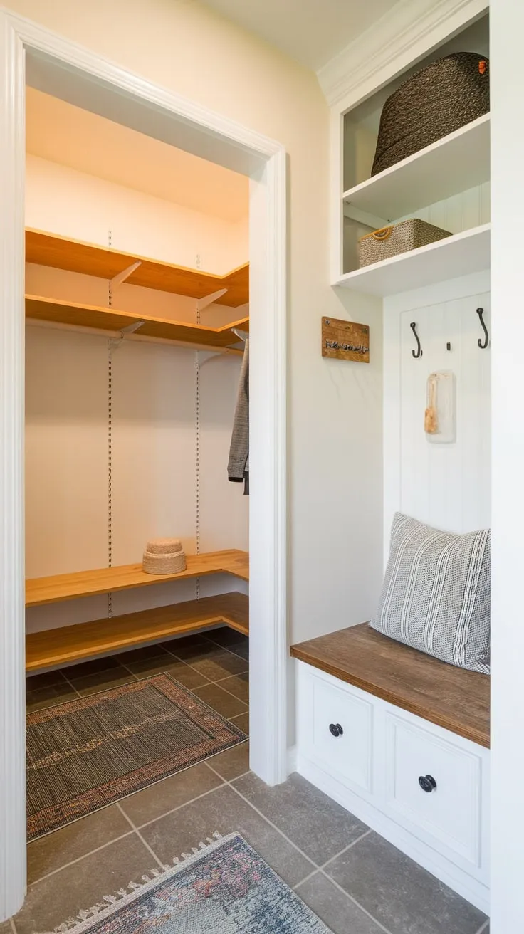 A hallway closet renovation creates a sunlit mudroom haven featuring wooden shelves, a hanging rod, and added wall storage.