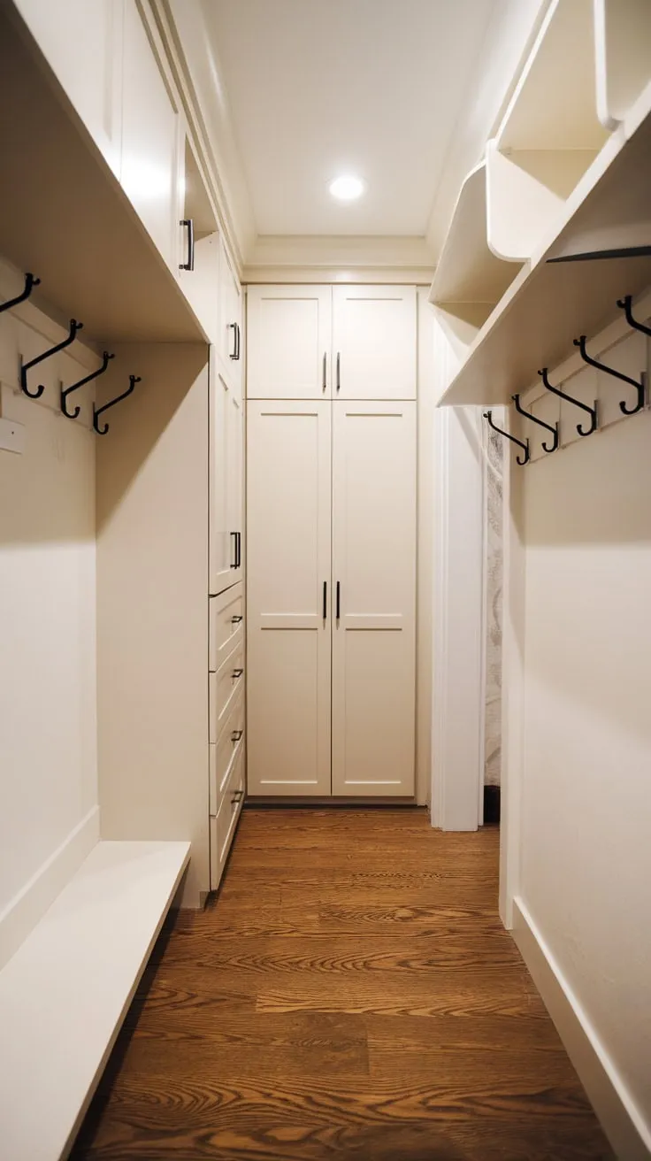 A renovated hallway closet boasts bright lighting, wood floors, and convenient storage solutions including both hanging and cabinet space.