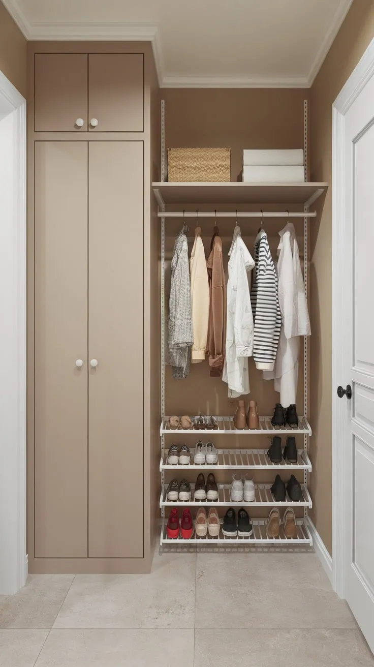 A renovated hallway closet boasts tiled floors, ample hanging and shelving space, plus a cabinet and shoe rack, all within a neatly enclosed room.