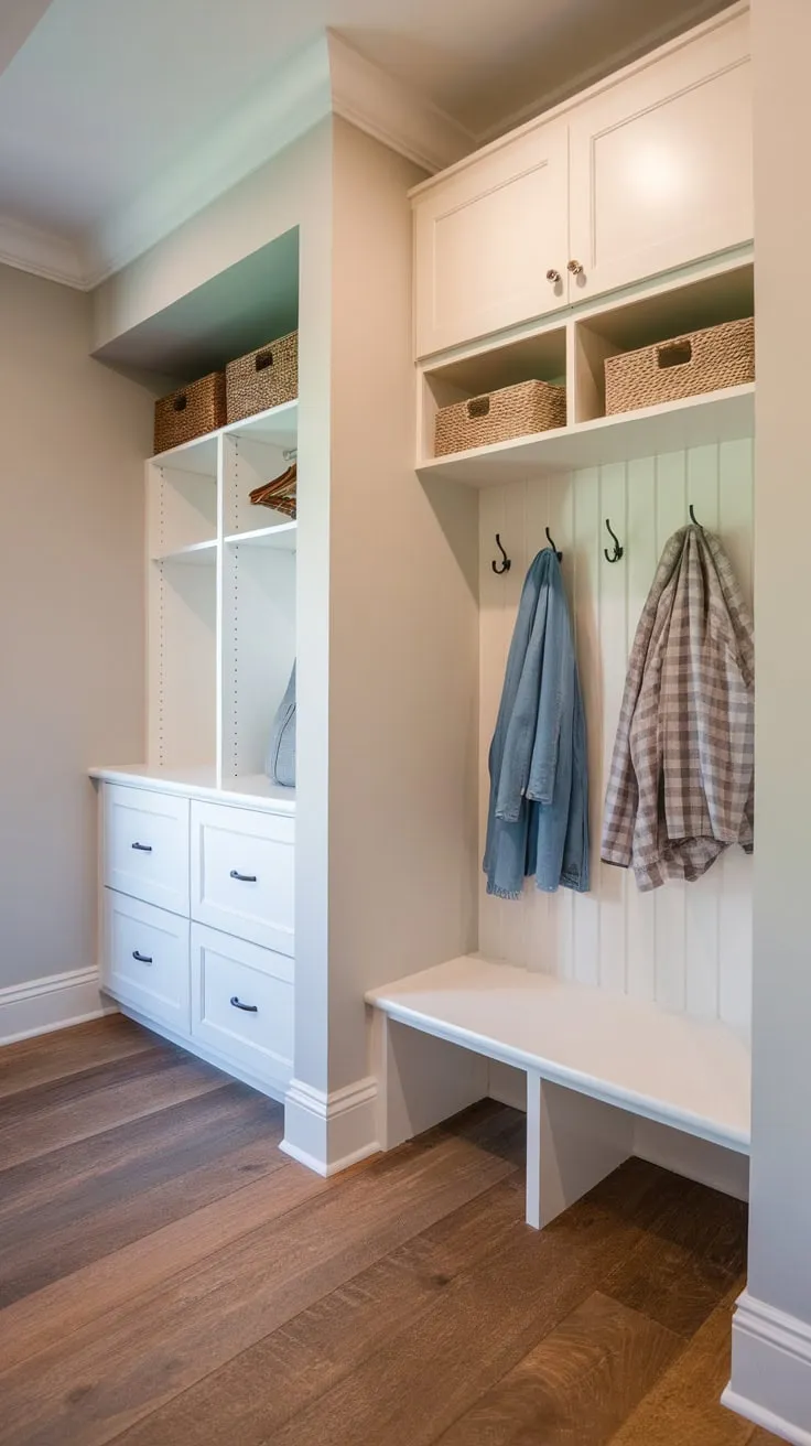A modern coastal hallway closet renovation boasts a spacious walk-in design with open shelving, closed cabinetry, a built-in mudroom bench, and light grey walls for stylish organization