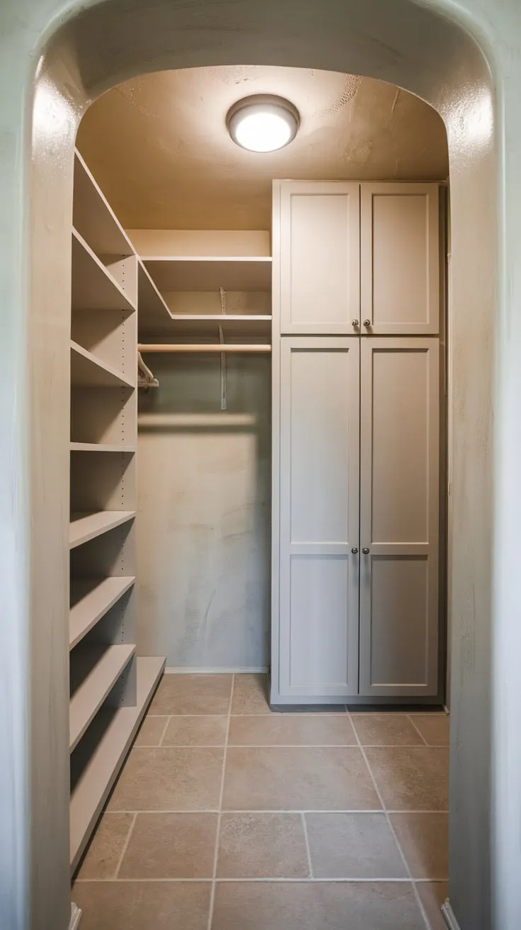 Transform your cramped hallway closet into a stylish and functional storage haven with open shelving, hanging rods, and a tiled floor, complete with lighting and textured walls