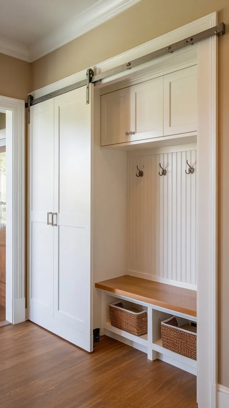 A renovated hallway closet boasts a mudroom-style design with a walk-in section, built-in bench, and wood flooring, transforming a small space into a functional and stylish entryway.