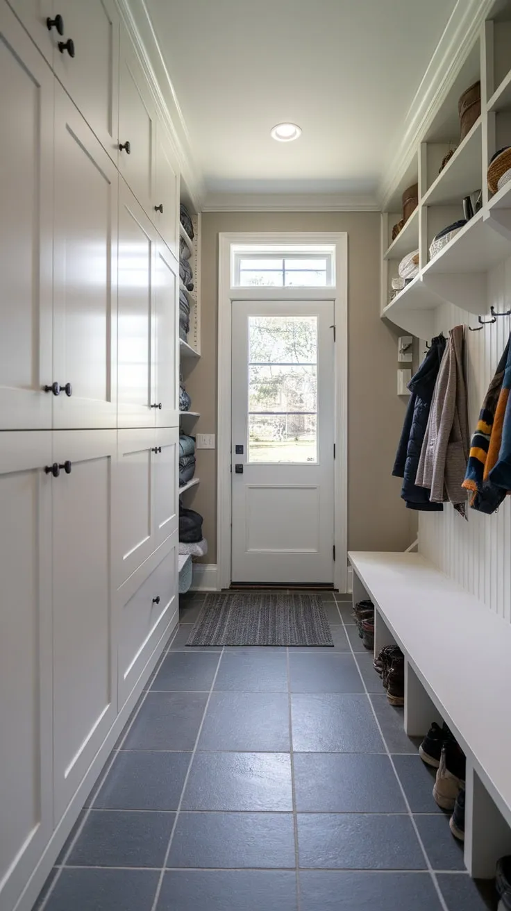 A forgotten hallway closet blossomed into a functional mudroom complete with built-in storage, grey tile, and a charming window.
