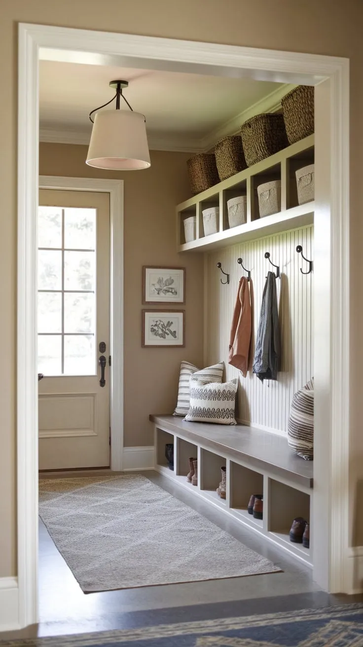 A welcoming beige hallway entrance boasts a mudroom with bench, hooks, shelves, and rug, creating functional and stylish storage.