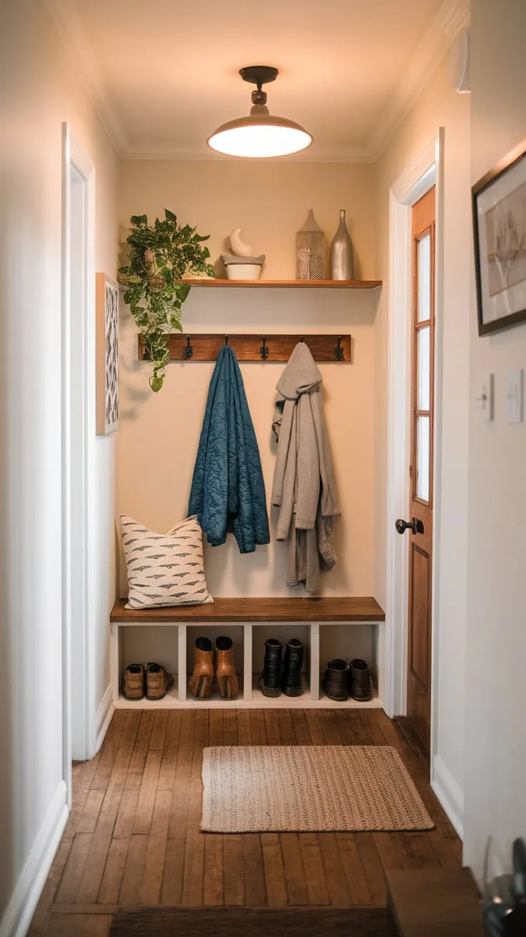 A cozy hallway entrance boasts a mudroom design with wooden floors, a coat rack and bench, and decorative shelving creating a warm and inviting atmosphere.