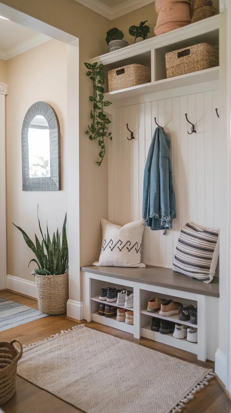 A cozy hallway entrance boasts a mudroom-style bench, storage, and charming decor creating a welcoming home entryway