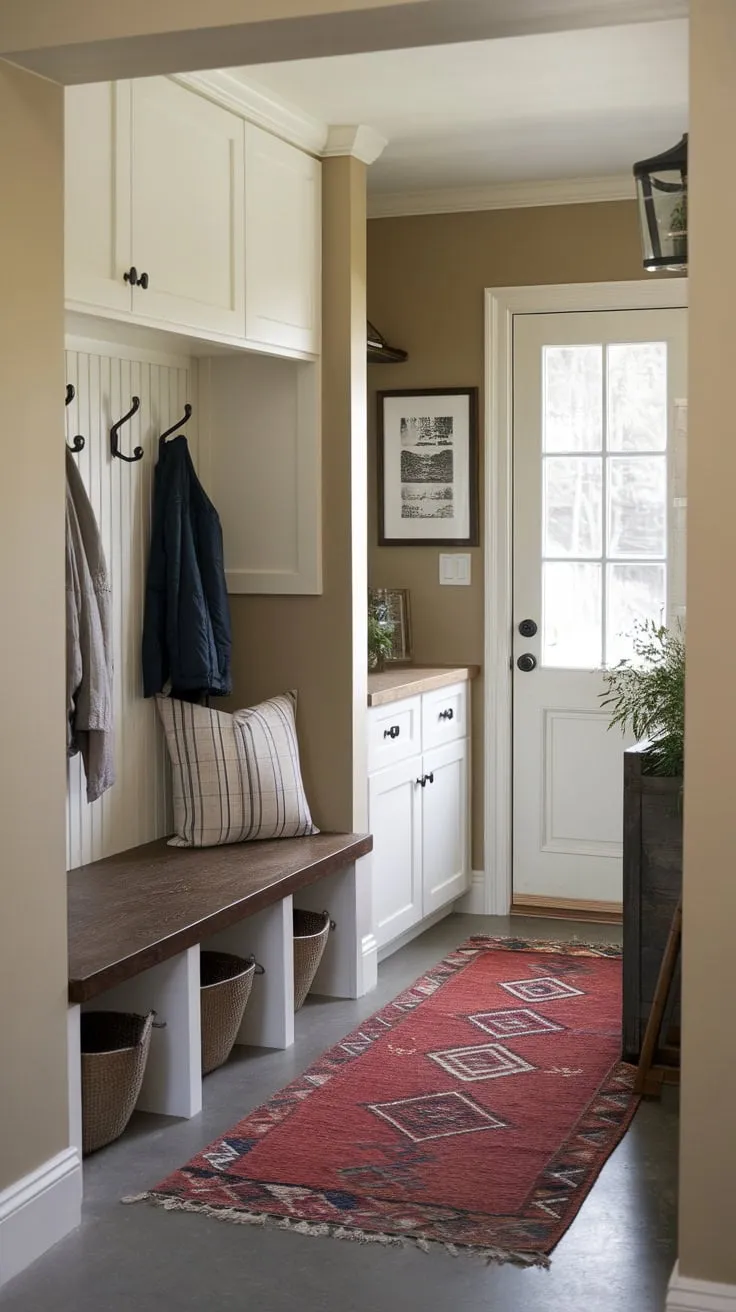 A compact yet functional mudroom greets visitors with rustic charm, offering coat storage and a bench in a beige-walled hallway.