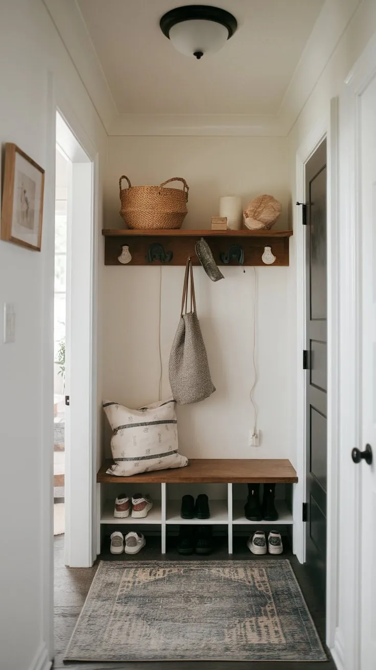 A cozy mudroom-style hallway entrance welcomes you with a wooden shelf, a rug, and the promise of what lies beyond a nearby door