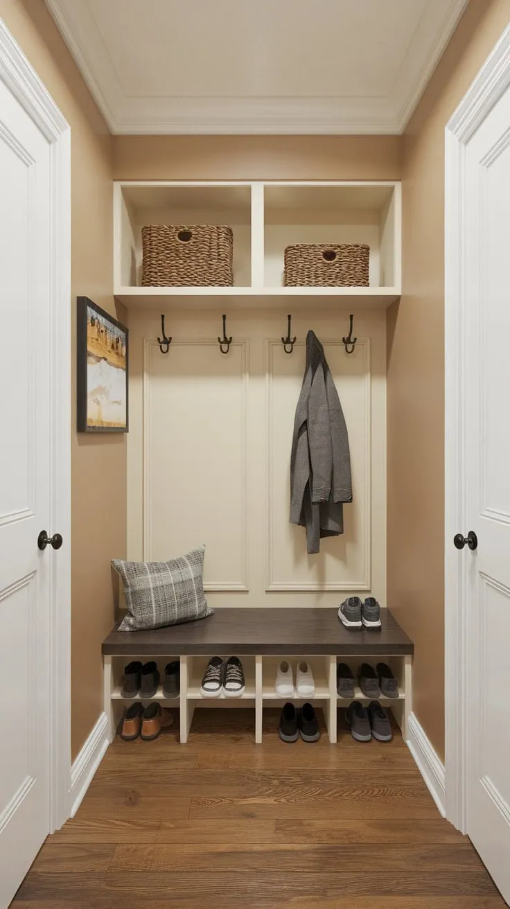 A bright beige hallway welcomes you with a practical mudroom setup featuring a coat rack, shoe rack, and bench, perfect for organized entryway convenience