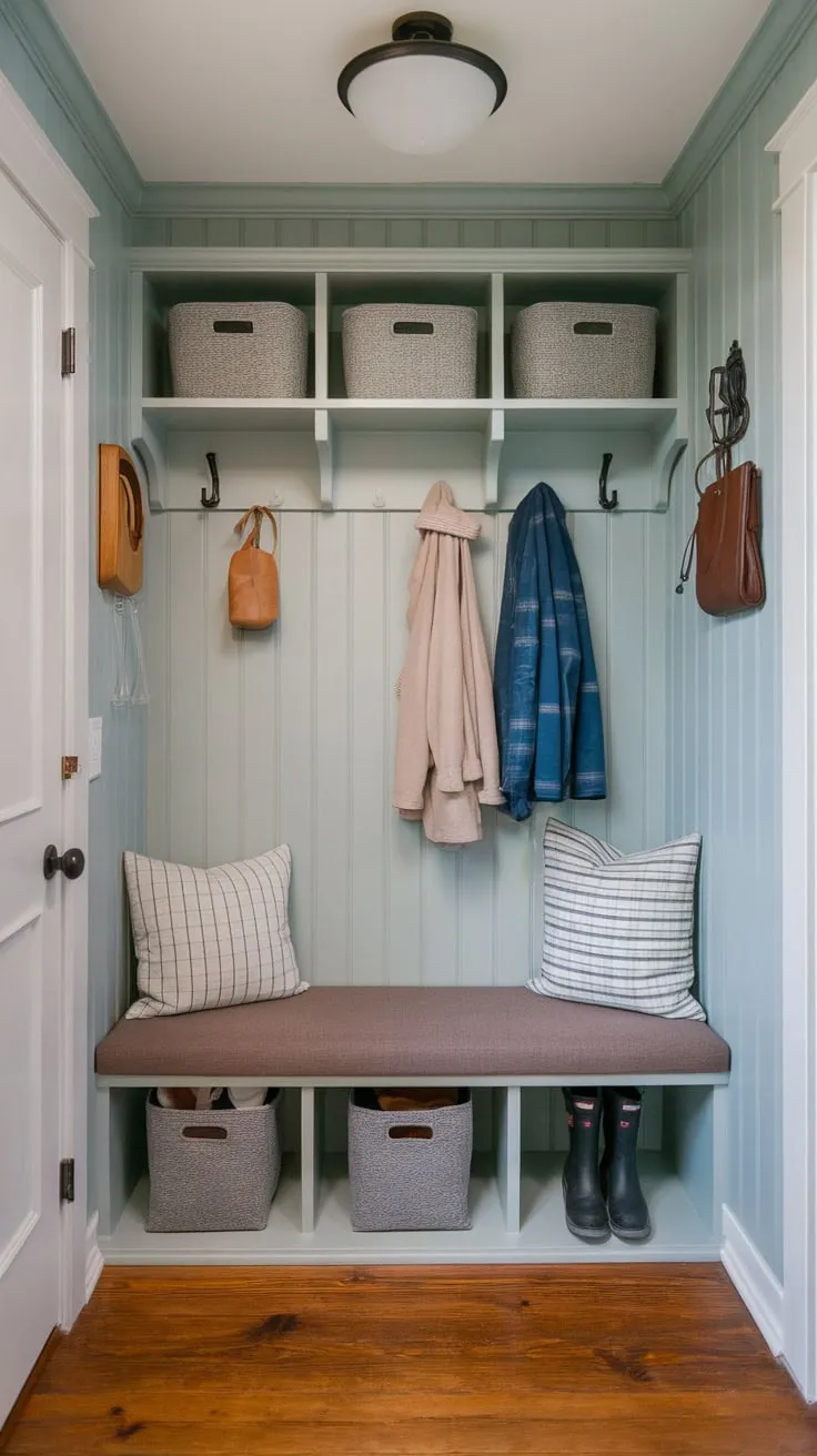 A charming small entryway boasts a light blue mudroom aesthetic complete with coat rack, bench seating, storage, and wood floors.