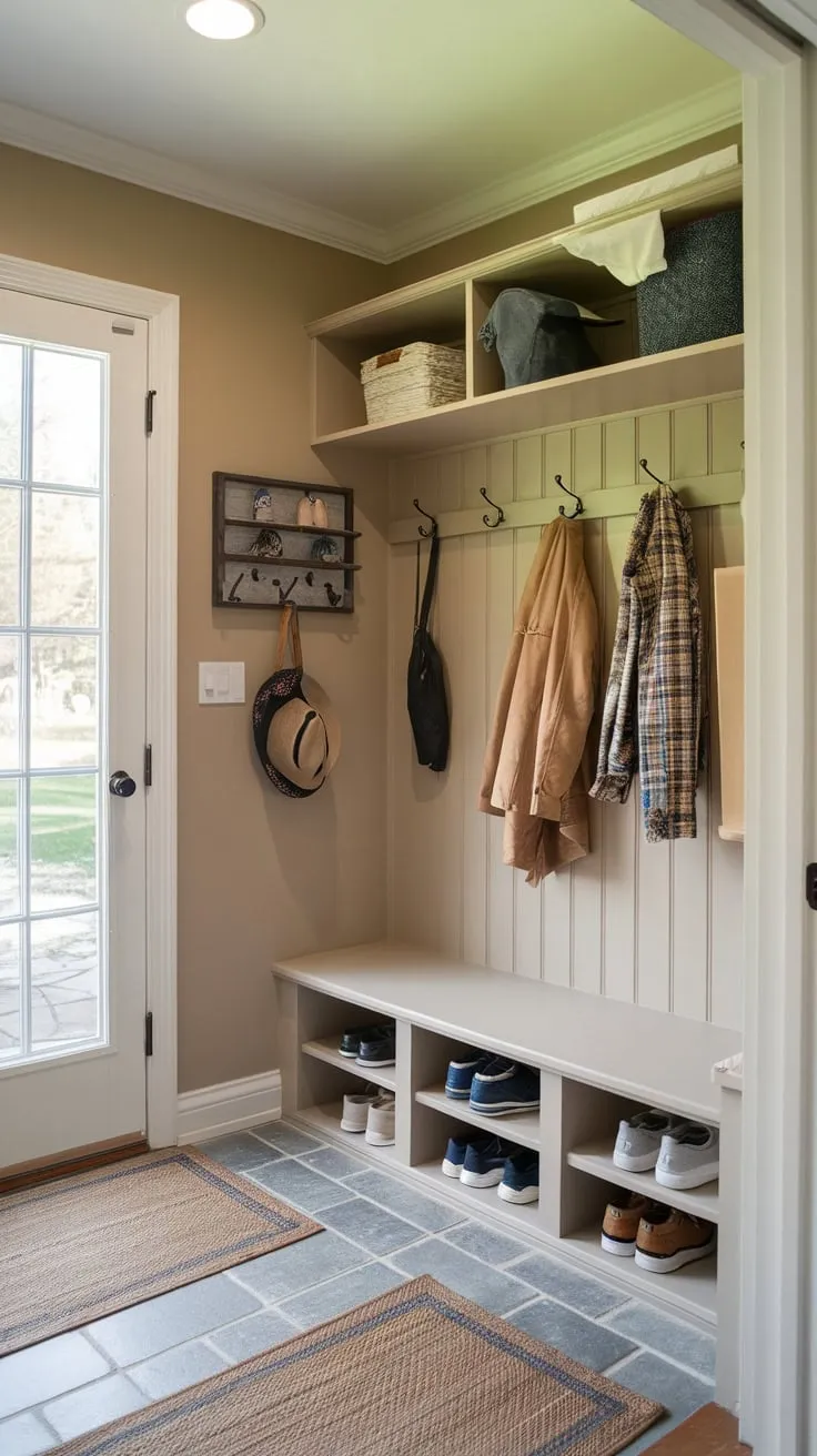 A cozy beige hallway welcomes you with practical mudroom storage, including a coat rack, shoe rack, and hooks, creating a functional and inviting entrance.