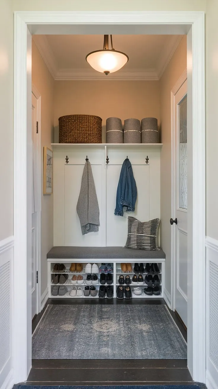 This small entryway, with its thoughtful mudroom decor and cleverly designed hallway entrance, maximizes space and style.  The perfect blend of functionality and charm, this mudroom design offers practical solutions for small entryways, showcasing inspiring foyer design and entryway ideas for a welcoming home entrance decor.