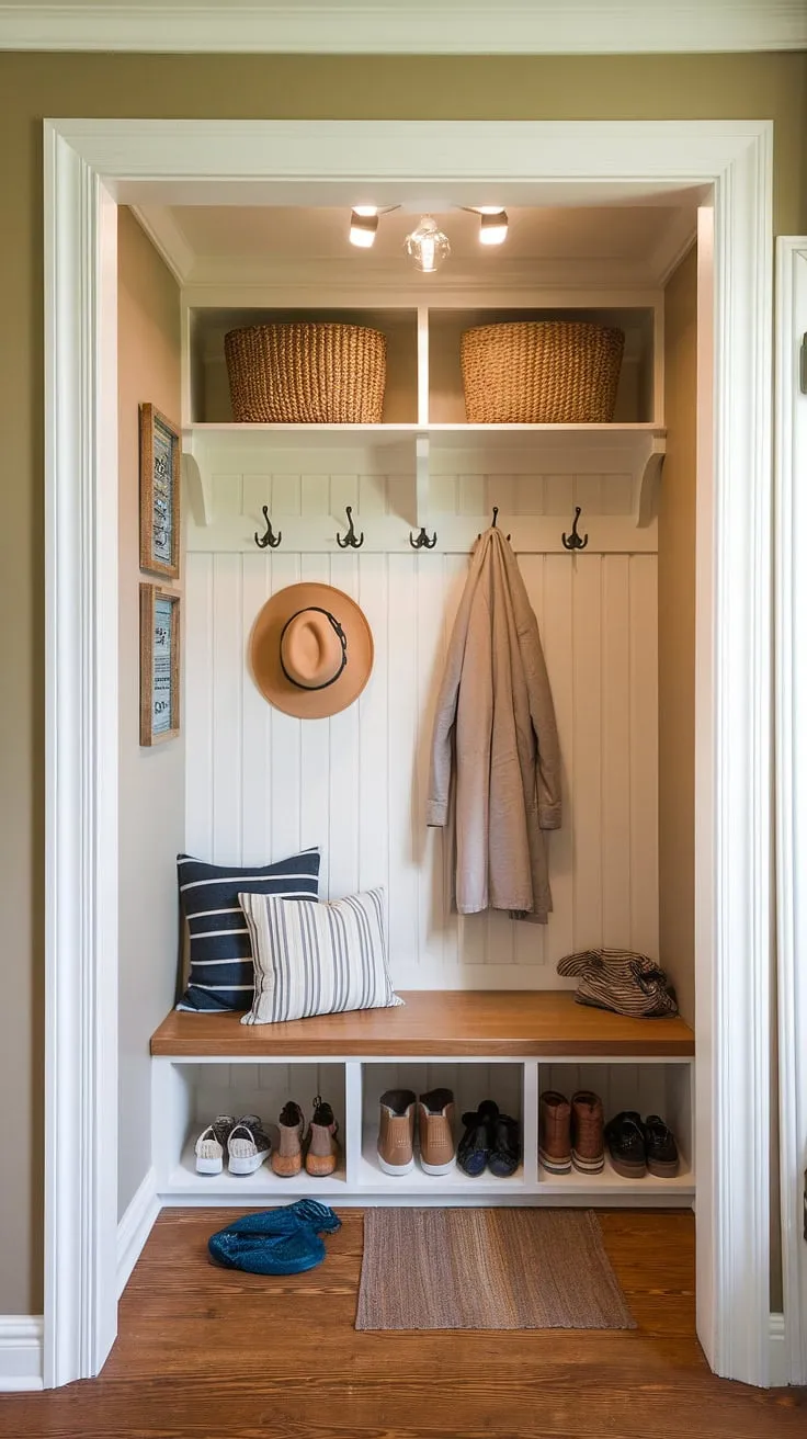 Step into warmth and organization with this inviting hallway entrance.  This mudroom decor, perfect for small entryways, showcases clever mudroom design and foyer design elements.  The built-in bench, coat rack, and storage shelf maximize space, offering practical entryway ideas for even the smallest home entrance decor.
