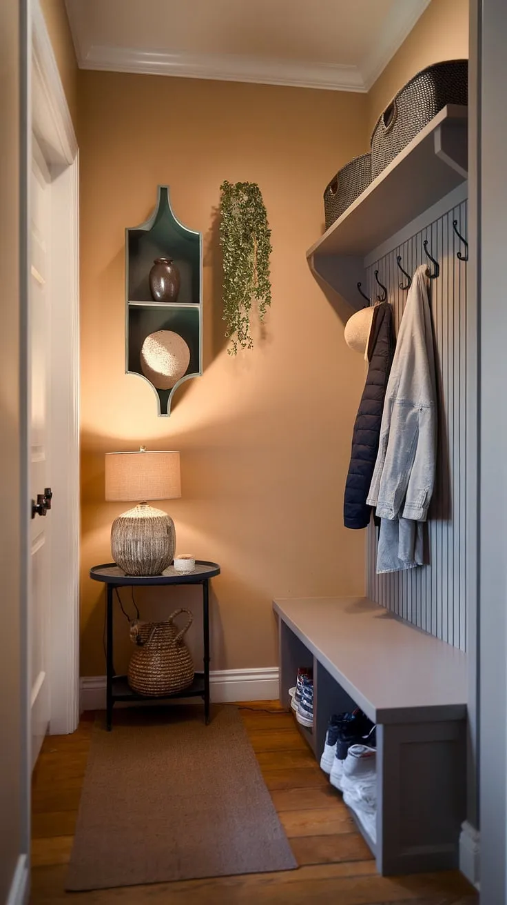 Warm lighting and thoughtful mudroom decor transform this small entryway into a welcoming home entrance.  The hallway entrance, designed with clever foyer design and entryway ideas, maximizes space and style in small entryways.