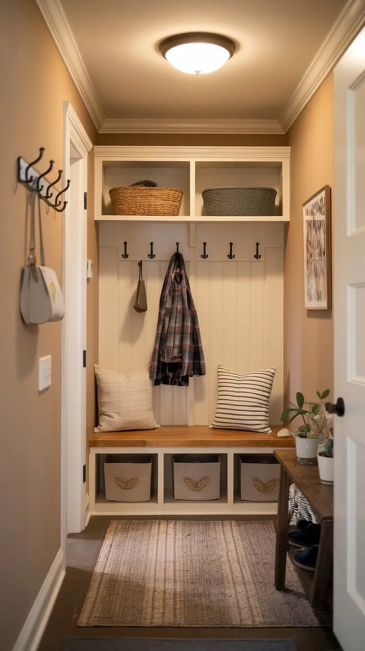 This cozy hallway entrance, designed with clever mudroom decor, maximizes space in this small entryway.  The functional mudroom design and thoughtful foyer design elements, including the coat rack and storage bins, create a welcoming home entrance decor that's both stylish and practical.  Plenty of entryway ideas are showcased here for small entryways.