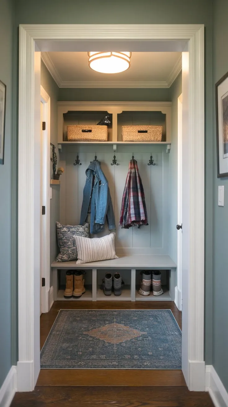 A calming blue-walled entryway welcomes you with a cozy mudroom bench, coat hooks, and warm lighting