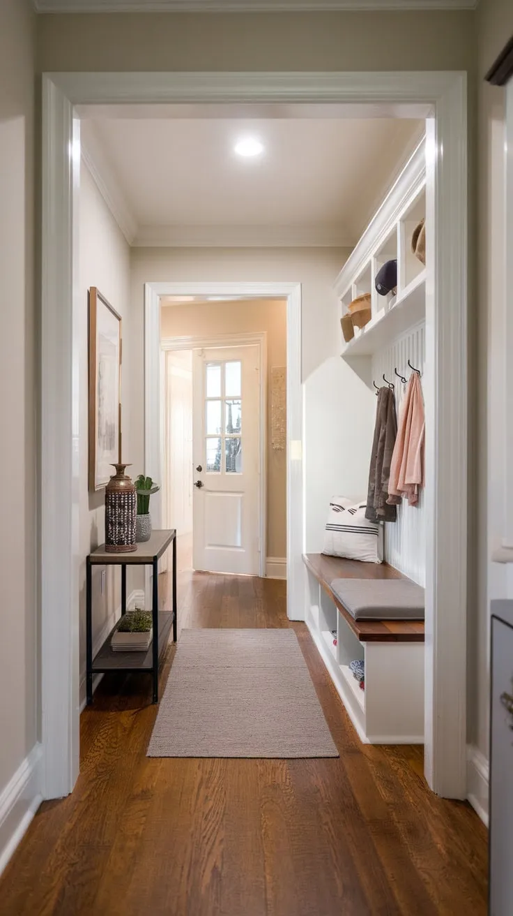 A bright hallway entrance boasts a welcoming mudroom aesthetic with a cushioned bench, coat hooks, and a small decorative table, all set against white walls and a warm wooden floor.