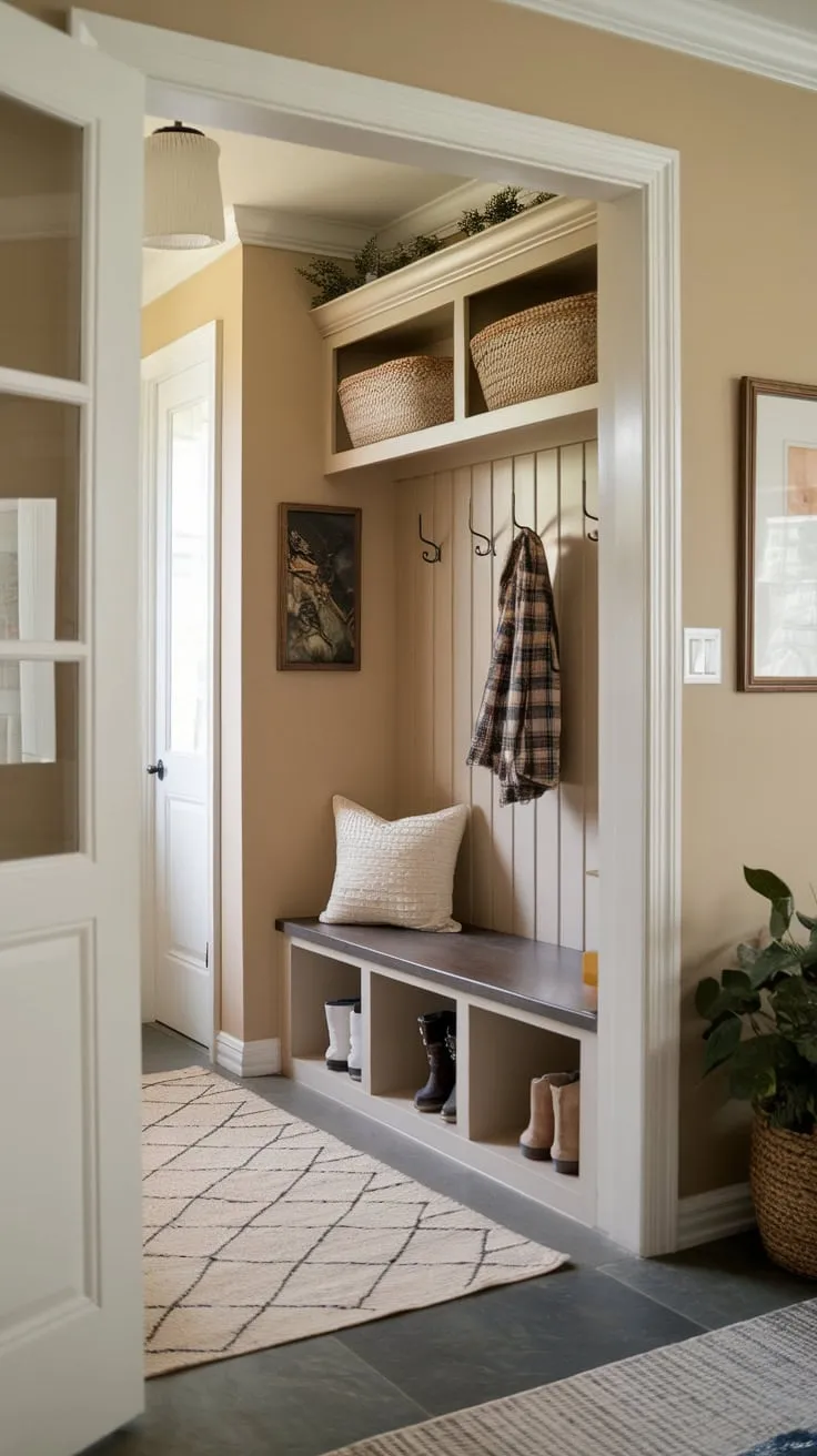 A well-lit beige hallway entrance boasts a cozy mudroom feel with bench, hooks, shelf, and rug, creating an inviting and functional entry.