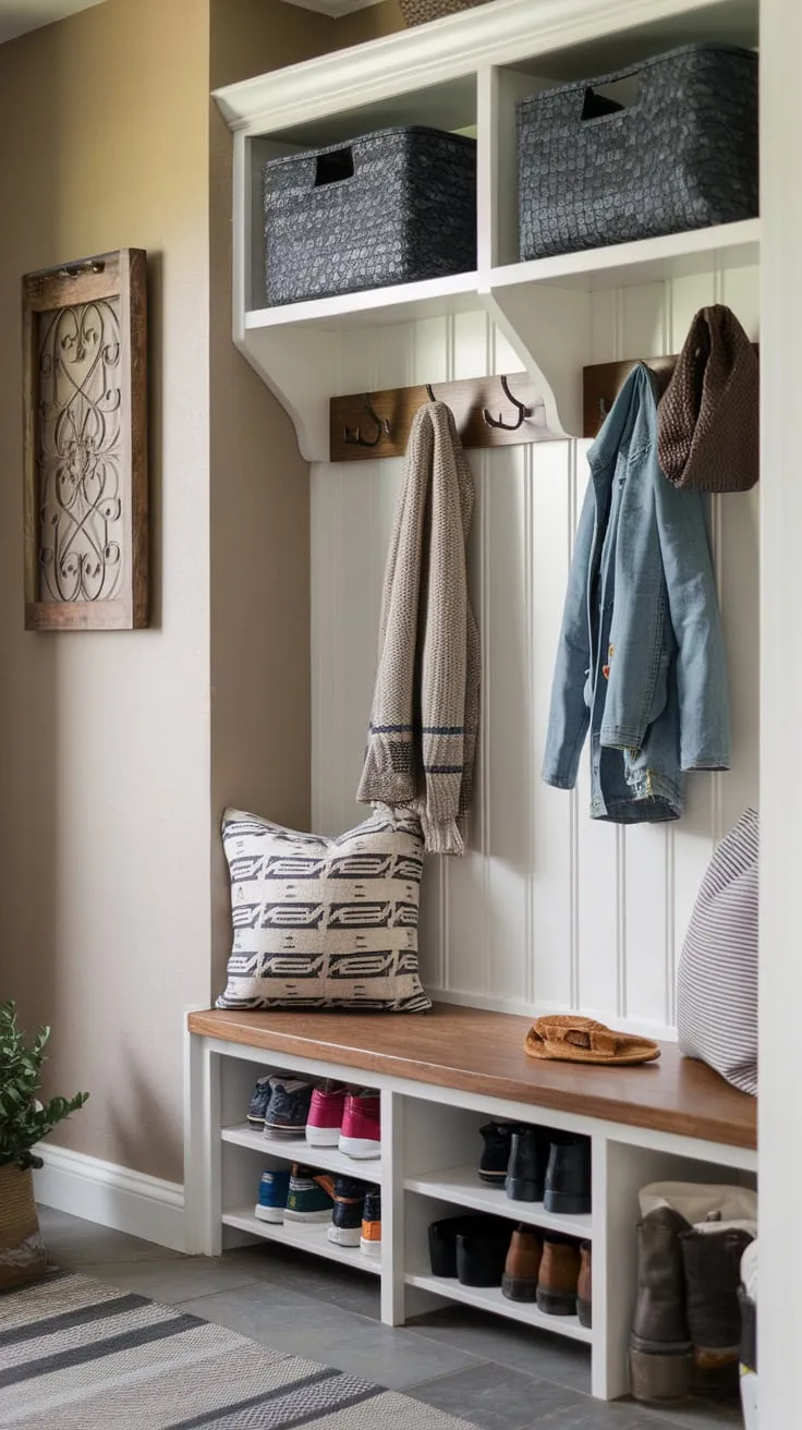 A functional yet inviting hallway entrance features a mudroom setup with a bench, storage, and stylish wall decor, creating a welcoming atmosphere.