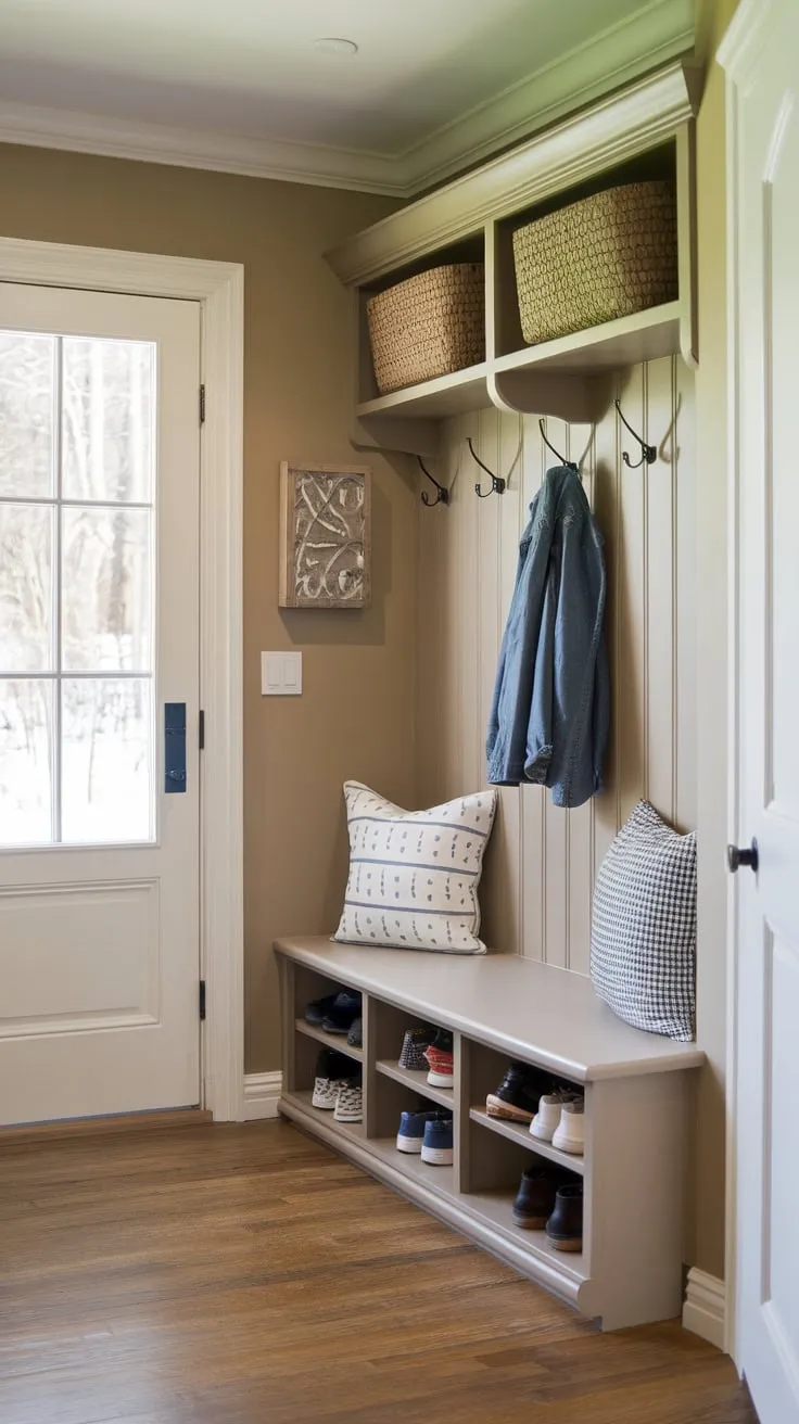 A charming beige hallway entrance boasts hardwood floors, practical storage including a coat rack, shoe rack, and bench, ensuring organized entry and exit.