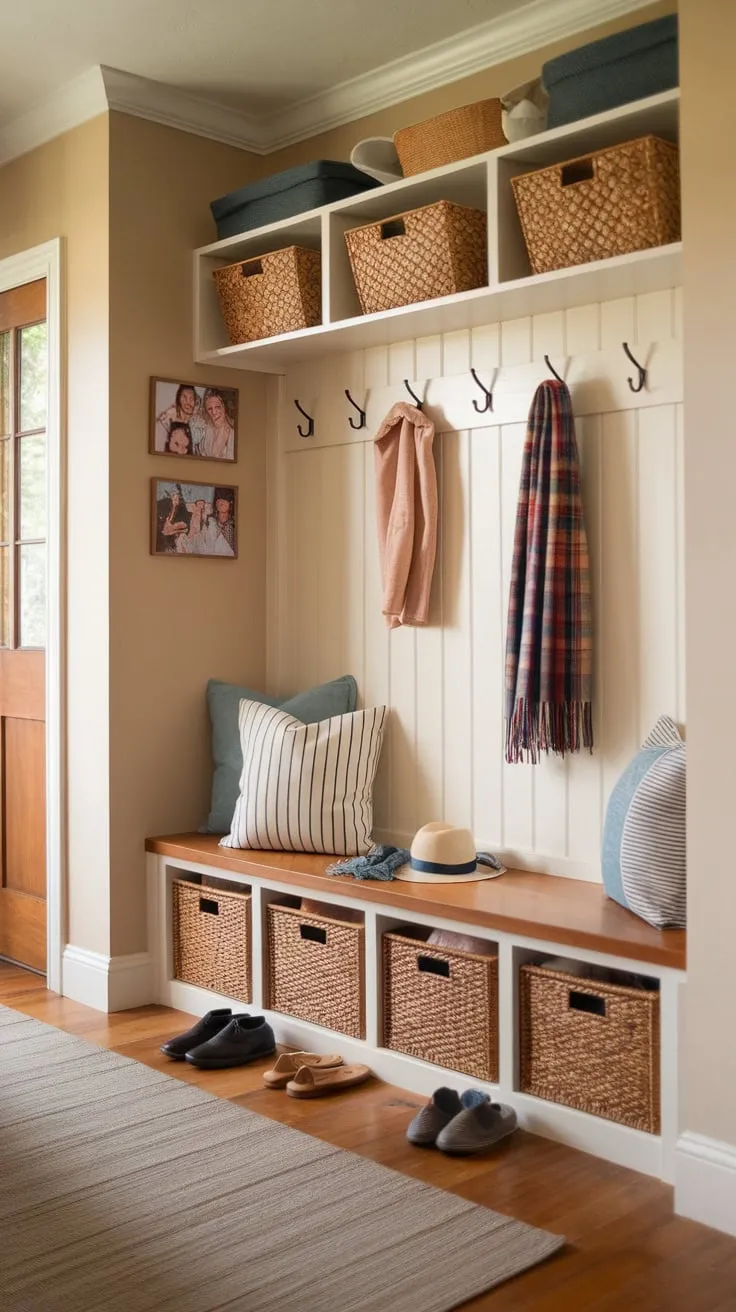 A functional yet charming hallway mudroom boasts storage, family photos, and warm lighting creating a welcoming entryway.