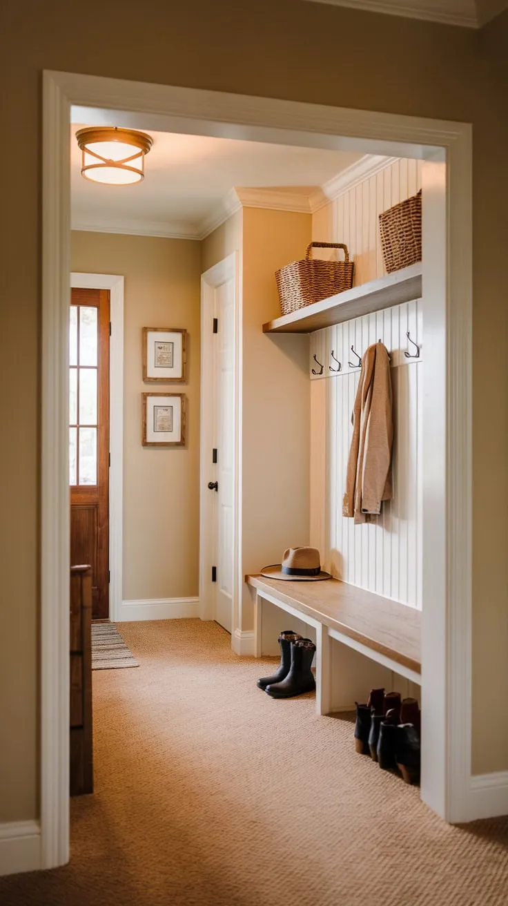 A cozy beige hallway entrance with mudroom features welcomes you with warm lighting, a convenient bench, and stylish storage.