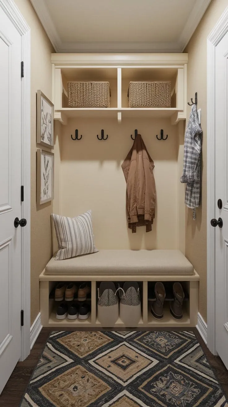 A bright beige hallway welcomes you with a cozy bench, practical storage, and cheerful patterned rugs, creating a mudroom-inspired entryway.