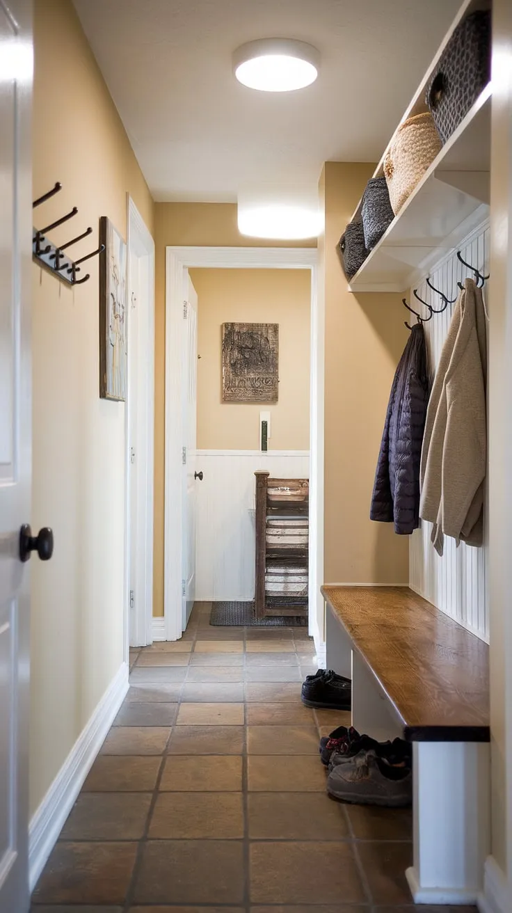 This small entryway boasts a charming mudroom design, transforming a typically cramped space into a functional and stylish hallway entrance.  The mudroom decor, complete with a cozy bench and ample storage, provides the perfect solution for small entryways, offering practical entryway ideas and enhancing home entrance decor.
