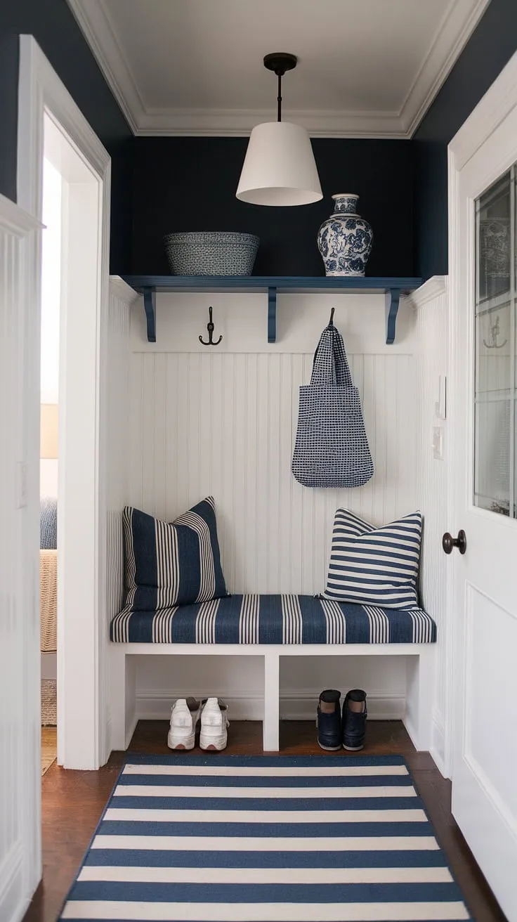 Maximize your small entryway with this inspiring mudroom decor.  The hallway entrance is elegantly defined by white wainscoting and a deep blue wall, while the blue and white striped accents add a touch of coastal charm to this home entrance decor.  This small entryway showcases practical and stylish mudroom design ideas.