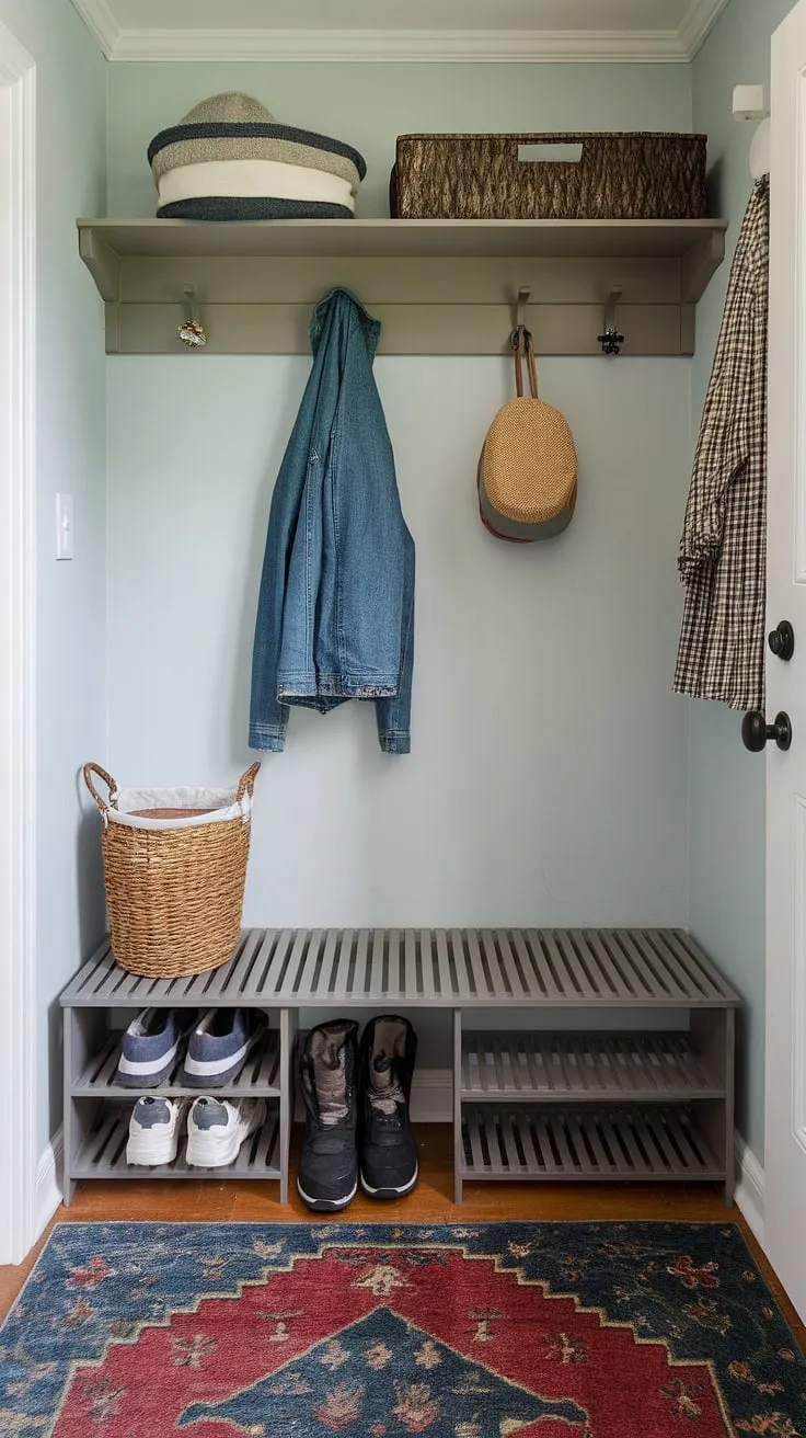 Transform your small entryway into a stylish and functional mudroom with this inspiring mudroom decor.  This hallway entrance boasts clever foyer design elements, including a coat rack, shoe rack, and storage basket, all within a charming small entryway.  These entryway ideas are perfect for maximizing space and creating a welcoming home entrance decor in even the smallest of homes.