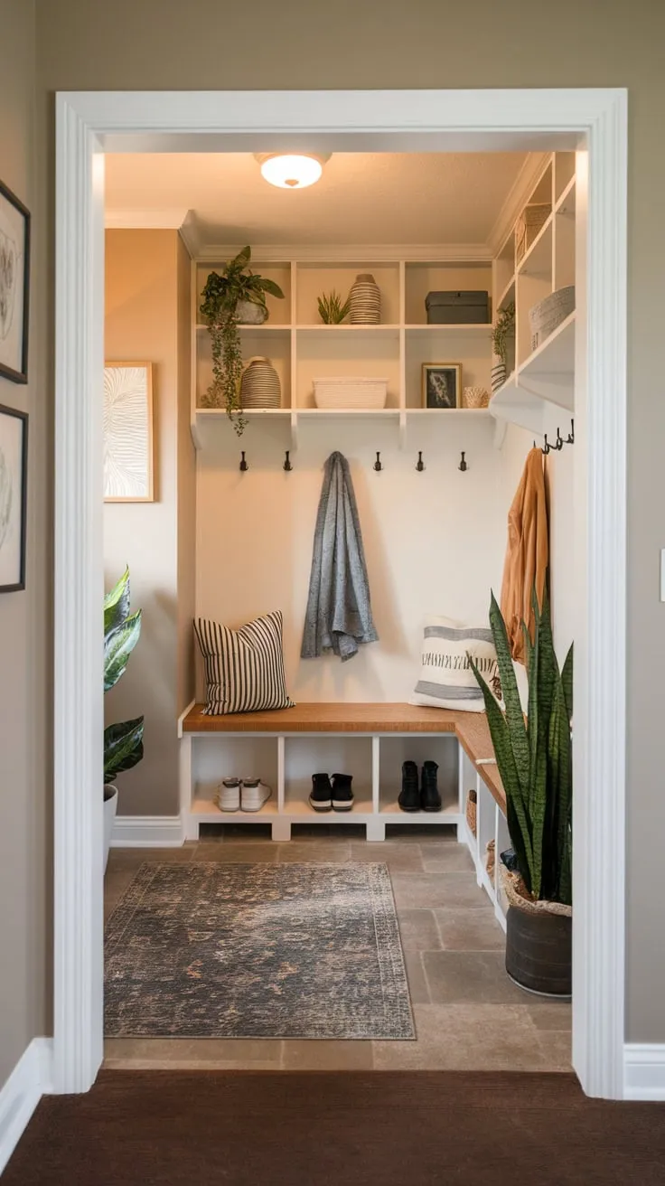 A warm and inviting hallway entrance featuring a mudroom with built-in storage, a cozy rug, and charming décor welcomes you home