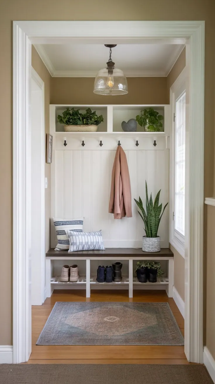 A bright beige hallway entrance welcomes you with a cozy mudroom bench, coat rack, and potted plants, creating a warm and inviting atmosphere.