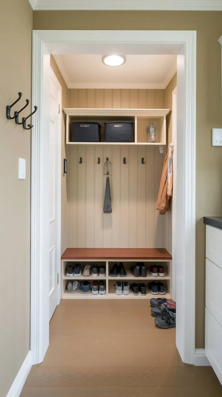 A bright beige hallway entryway welcomes you with a wood floor, bench, shoe rack, and hooks for coats, though a few stray shoes hint at daily life.