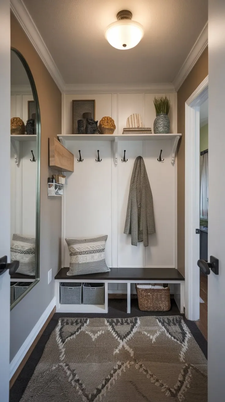 A charming small entryway boasts a functional mudroom design with a mirror, storage, and a welcoming bench, perfectly setting the tone for the home.