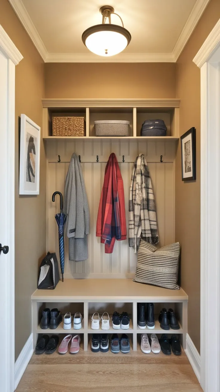 A functional yet inviting mudroom entryway offers convenient storage and a warm welcome in a beige-walled hallway.