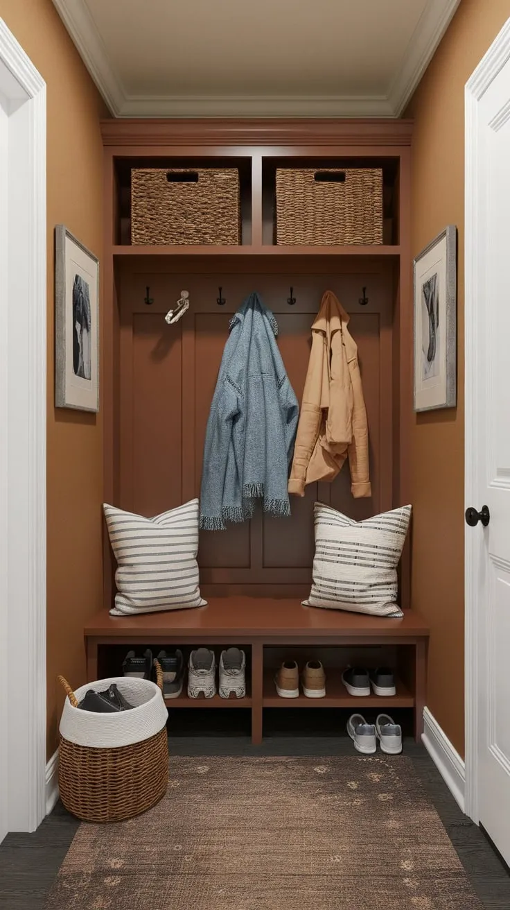 A warm inviting hallway entrance boasts practical storage a cozy bench and soft lighting creating a functional yet charming mudroom.