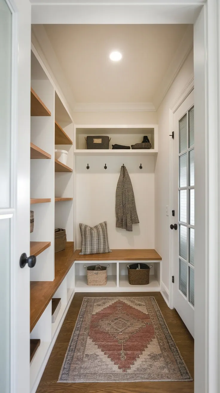 A welcoming mudroom-style entryway features a bench, coat rack, and ample storage, creating a practical and stylish hallway.