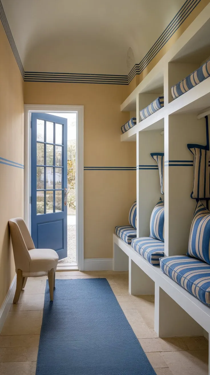 A calming small entryway boasts a beige and blue palette, featuring a blue door and striped accents for a stylish and functional space