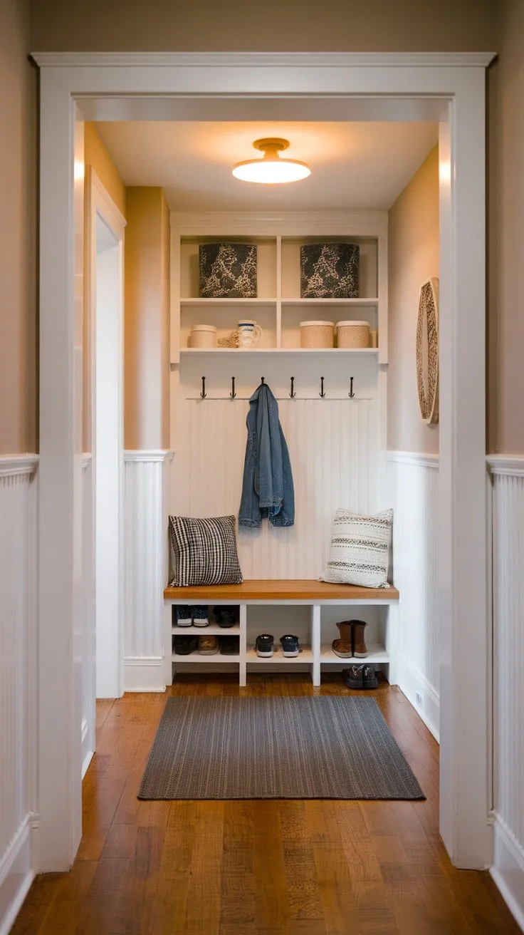 A warm inviting hallway entrance boasts a mudroom-style design with wooden floors, white wainscoting, and practical storage enhancing its charm